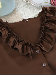 Chocolate ruffled V-neck pajama top with button detail