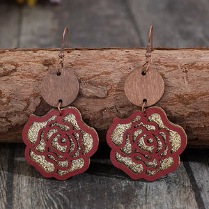 Layered rosewood drop earrings with glitter detail and wood accent.