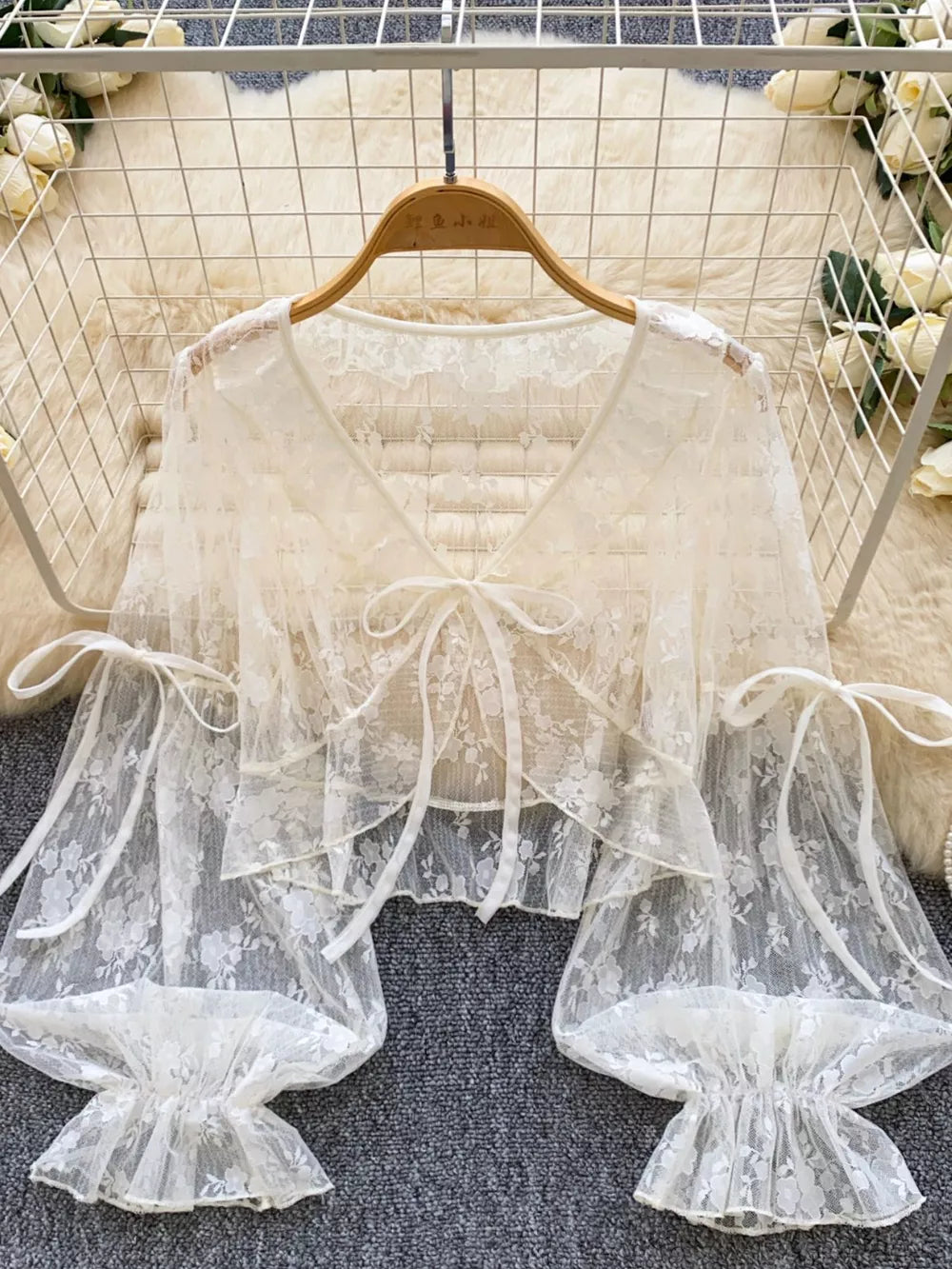 Sheer Lace Tie Front Flounce Sleeve Top in White, model styling view