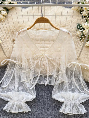 Sheer Lace Tie Front Flounce Sleeve Top in White, model styling view