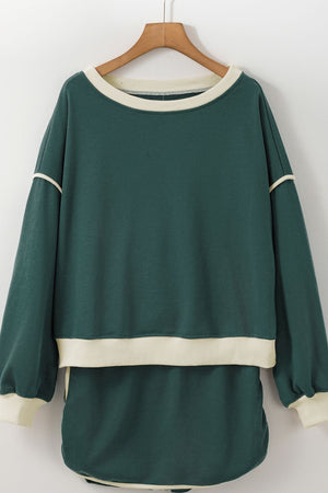 Dark Green sweatshirt and skort set with contrast trim and crew neck.