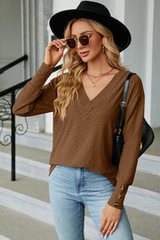 Mocha diamond-textured V-neck blouse with button cuffs