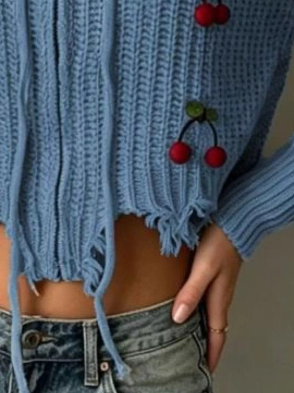 Cherry Knit Zip-up Hooded Sweater in Black, product detail