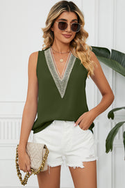 Dark Green V-neck tank top with white lace trim detail
