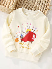 Ivory cotton crew neck sweatshirt with a cute rabbit piano band graphic and "Maka House" text.