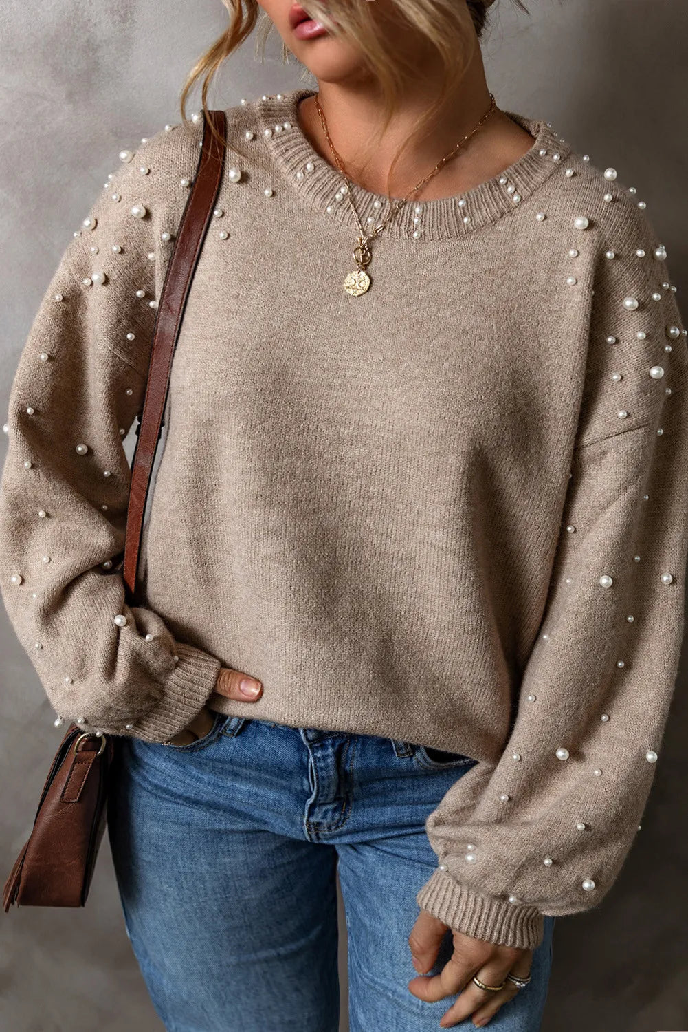 Dust Storm knit sweater with pearl embellishments and balloon sleeves
