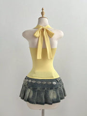 Lace Detail Halter Neck Cami in Yellow, back view