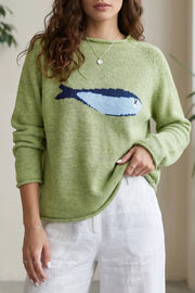 Stylized Fish Graphic Knit Sweater