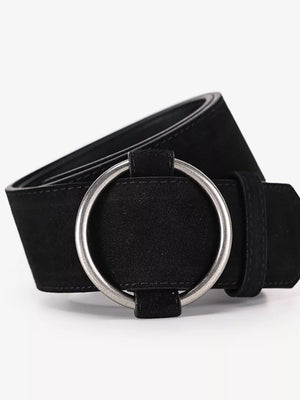 Black cowhide leather belt with silver circle buckle