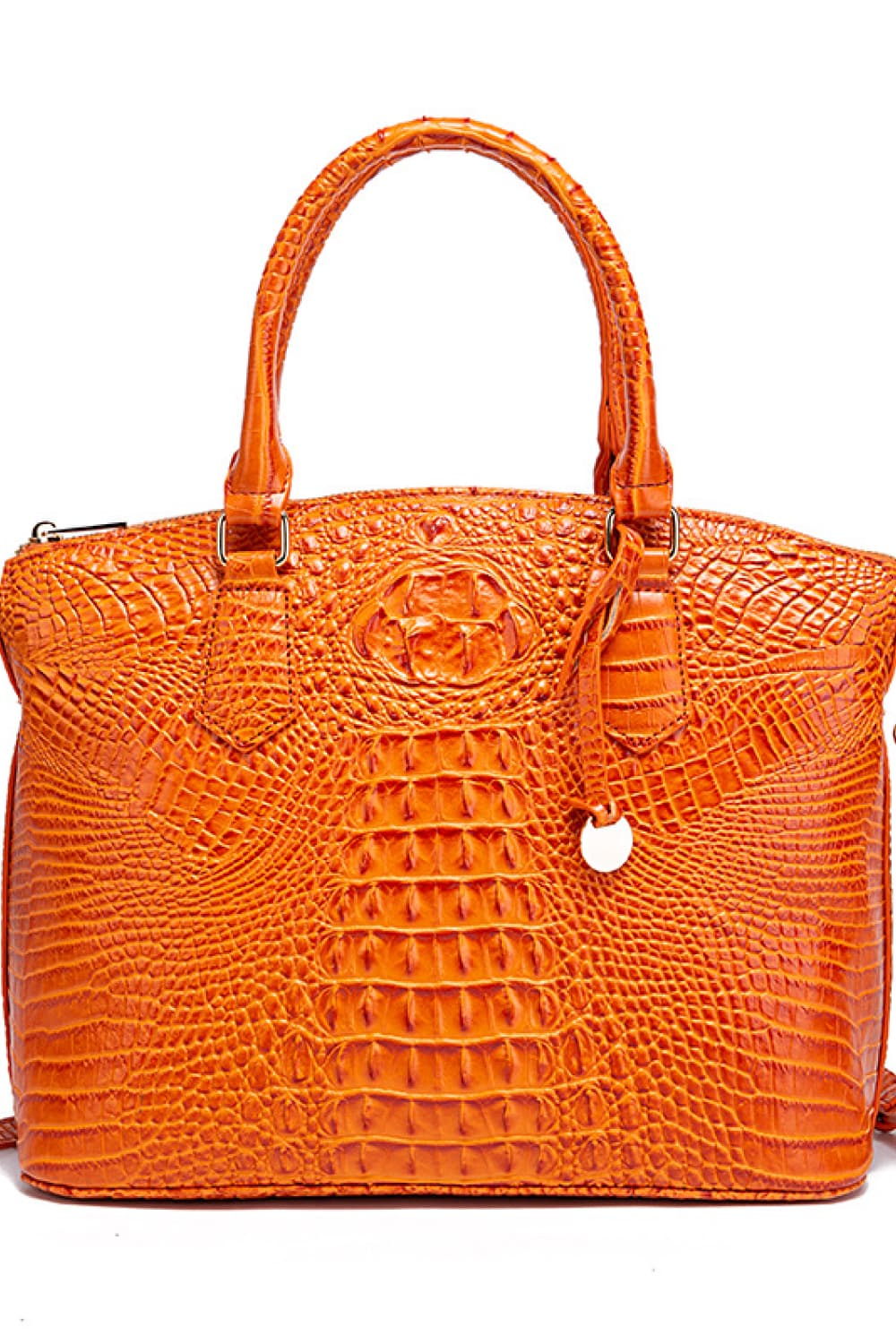 Pumpkin orange crocodile embossed satchel with top handle and decorative tassel.