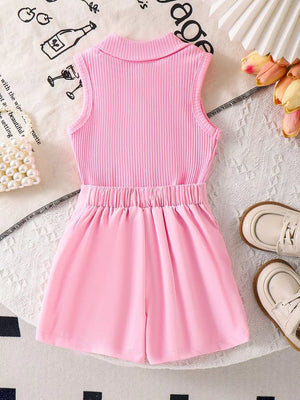 Children's Ribbed Knit Polo Top & Scalloped Shorts Set in Blue, back view