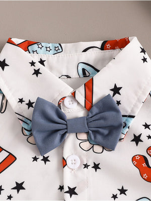 Toddler white cotton shirt with stars and patriotic print, featuring a blue bow tie.
