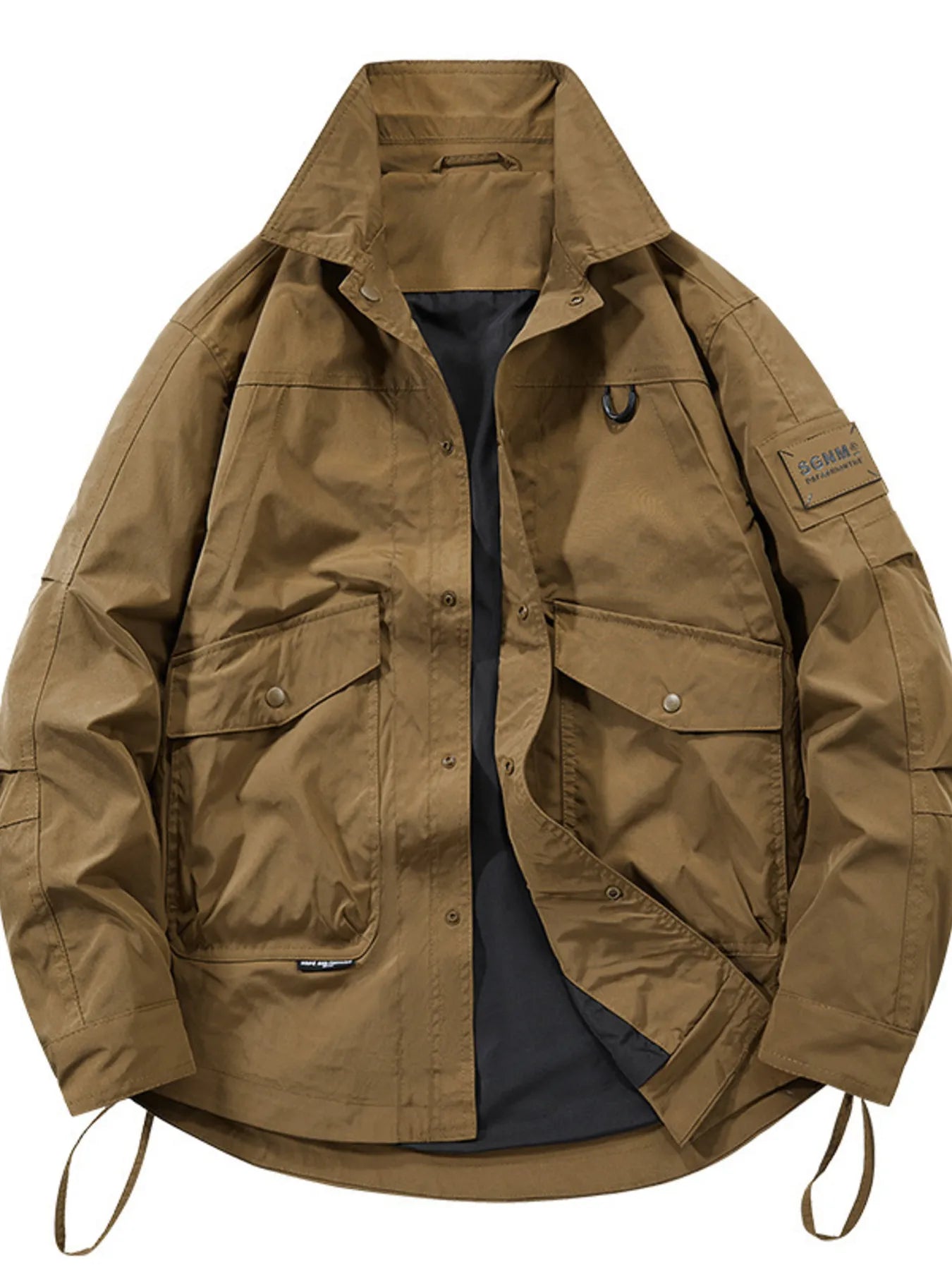 Oversized Khaki cargo jacket with multiple pockets, a stand-up collar, and drawstring hem.