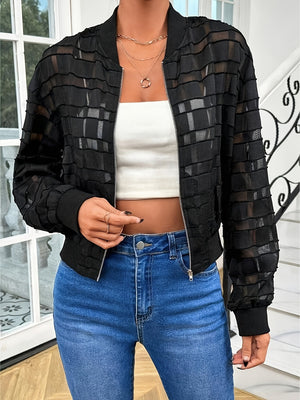 Black bomber jacket with textured gridwork pattern and ribbed cuffs.