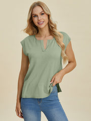 Sage knit tee with keyhole neckline and cap sleeves.