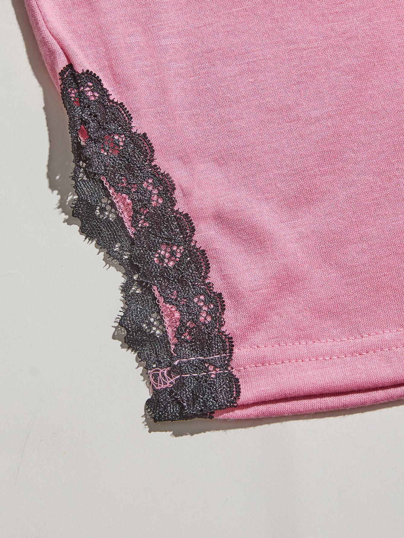Pink cami lounge set with black lace trim detail