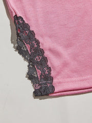 Pink cami lounge set with black lace trim detail