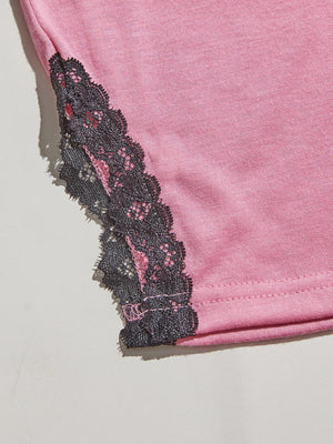 Pink cami lounge set with black lace trim detail