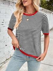 Striped knit tee with red trim and crew neck.