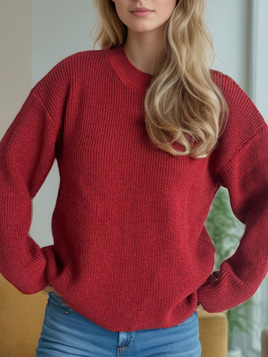 Textured ribbed knit oversized sweater in scarlet with subtle sparkle detail.