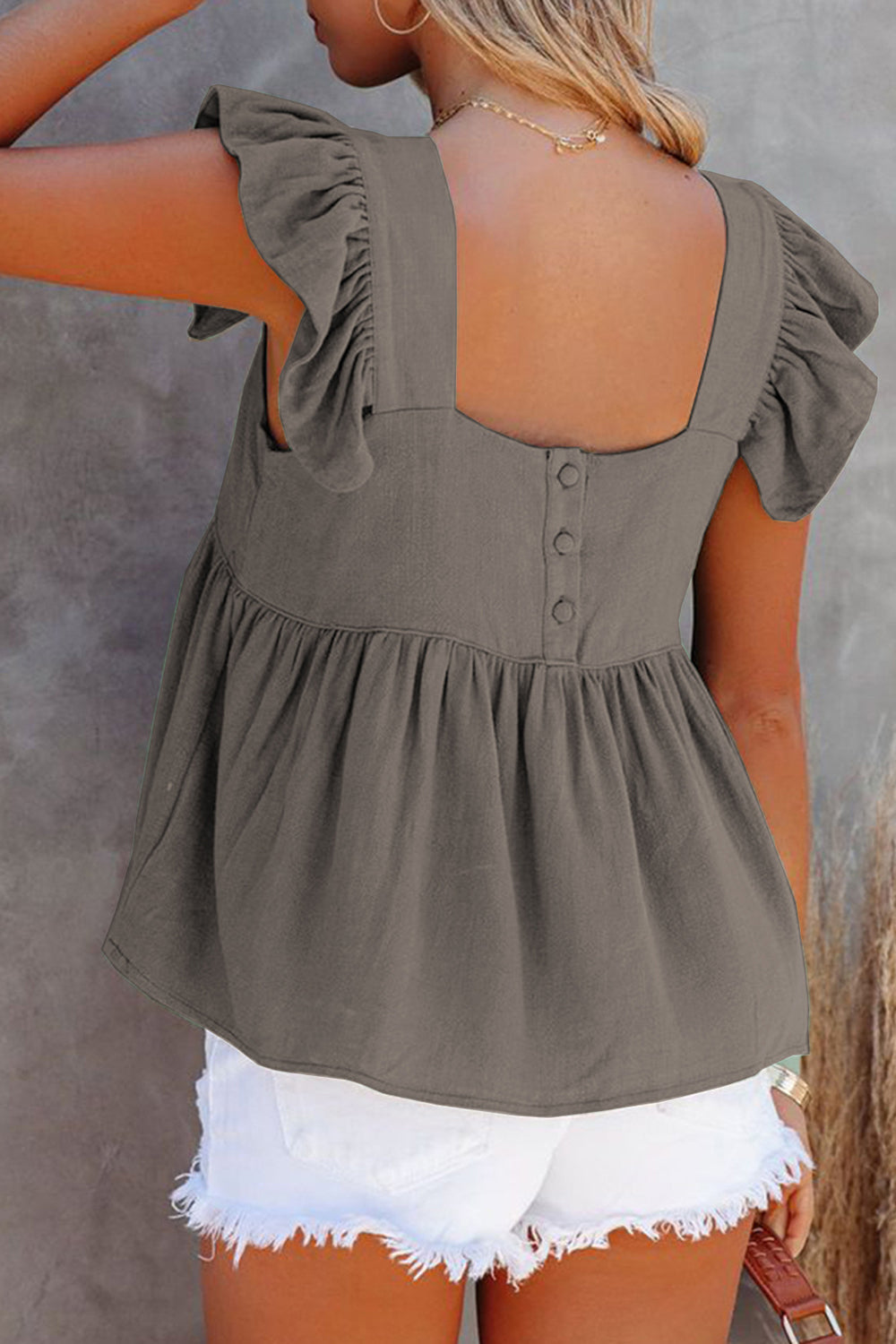 Dark Gray linen babydoll top with flutter sleeves and button back detail