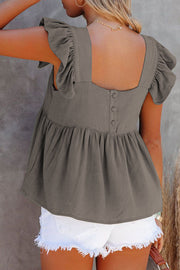 Dark Gray linen babydoll top with flutter sleeves and button back detail