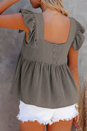 Dark Gray linen babydoll top with flutter sleeves and button back detail