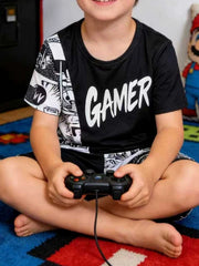Toddler tee and shorts set, black, casual, comfortable, gamer print