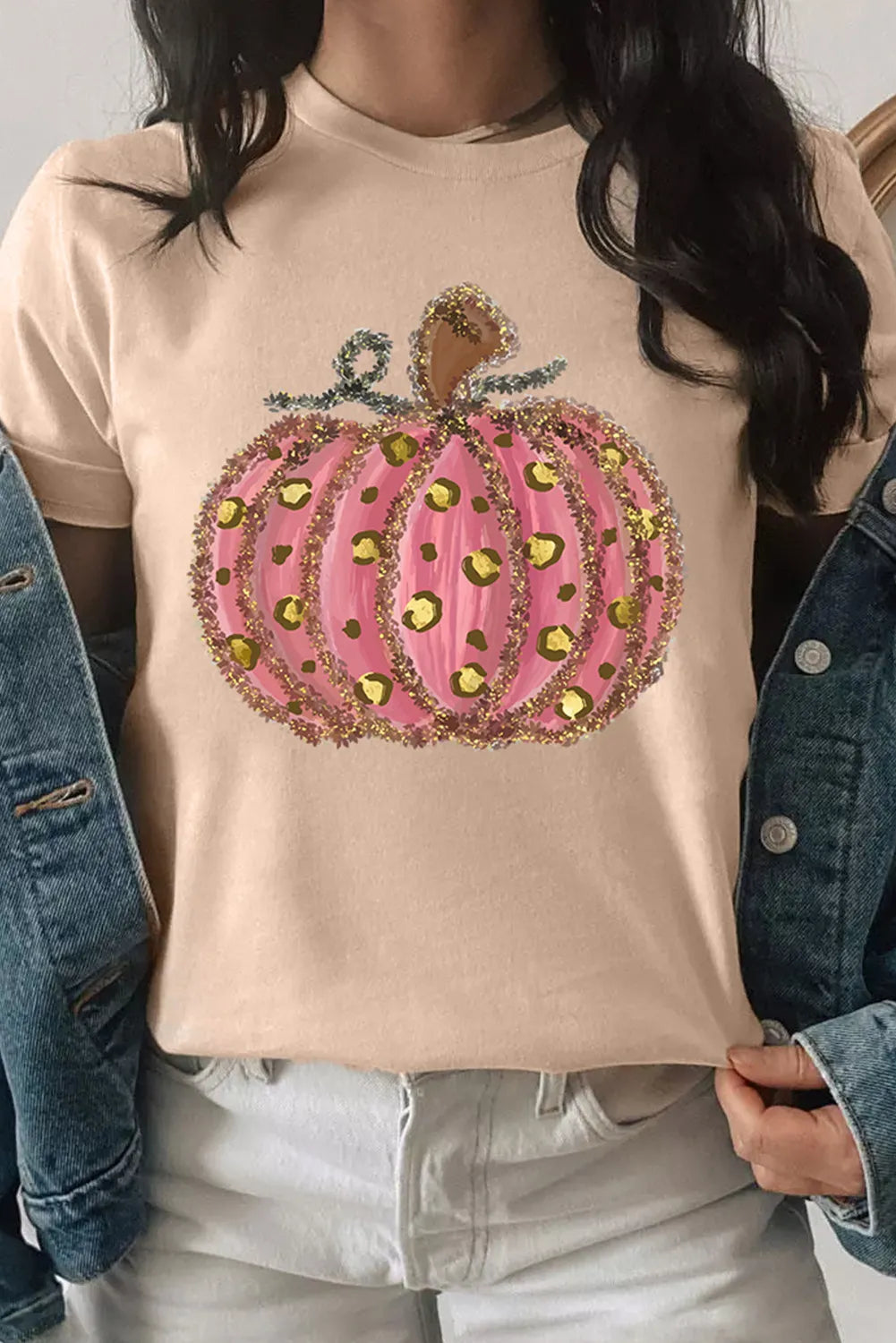 Tan graphic tee with glitter leopard pumpkin design