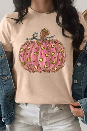 Tan graphic tee with glitter leopard pumpkin design