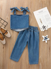 Children's Tie Shoulder Tank And Distressed Jeans Set in Blue, fit detail