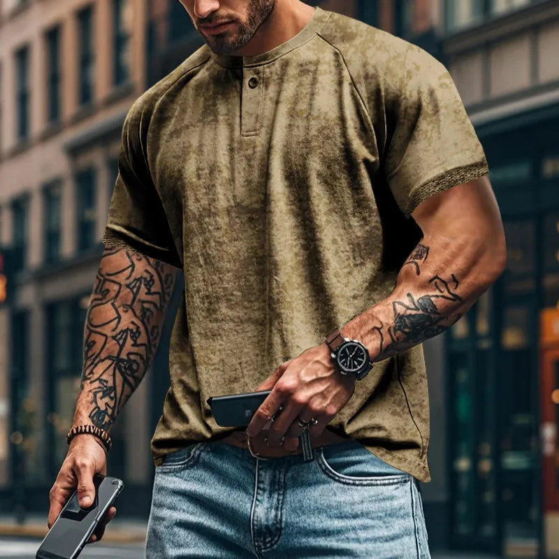 Textured henley tee in Army Green with raglan sleeves and button placket.