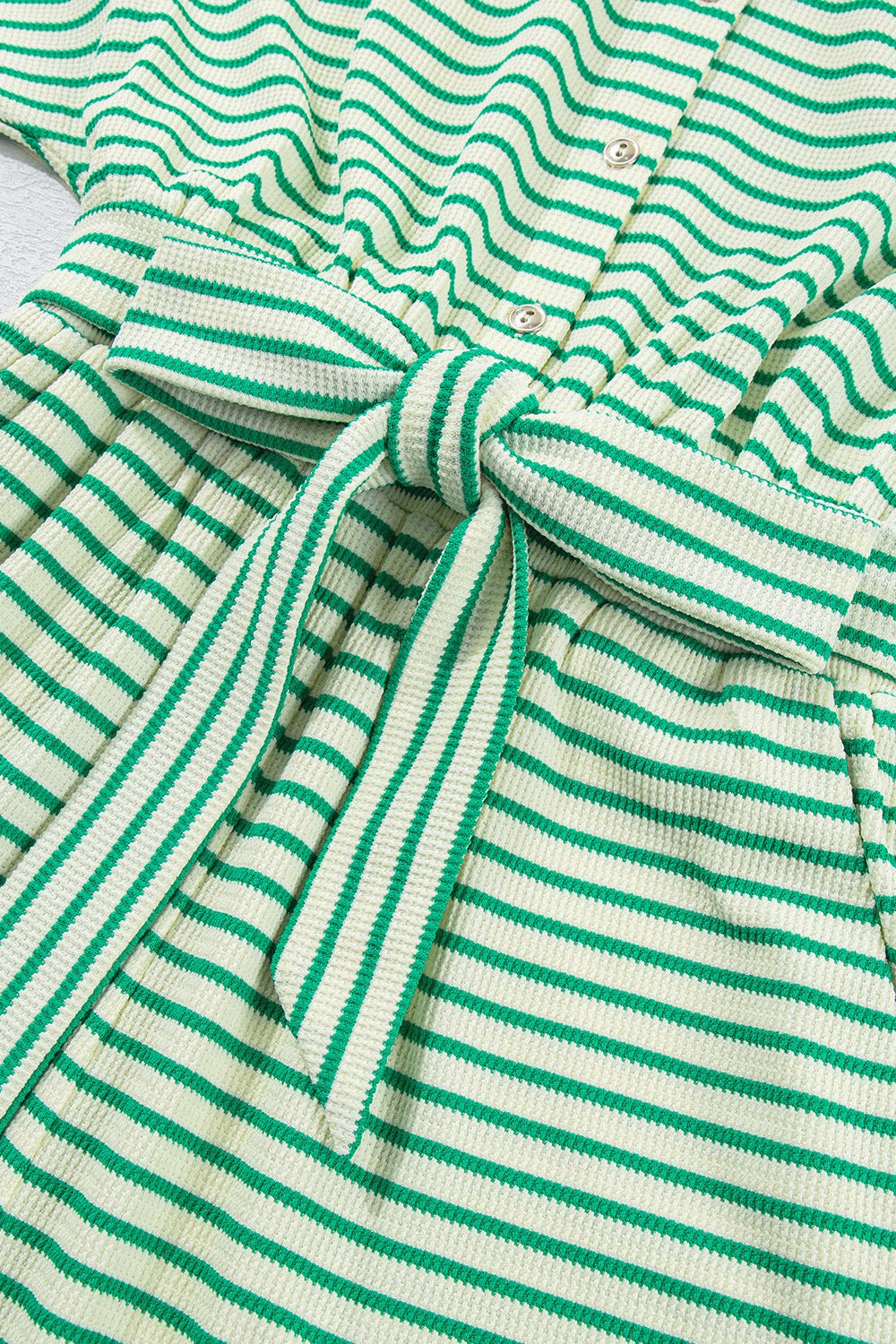 Green striped resort shirt romper with tie waist and button detail