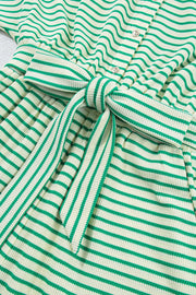 Green striped resort shirt romper with tie waist and button detail