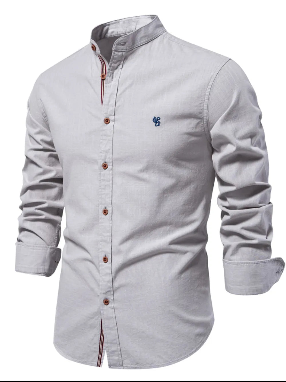 Gray linen shirt with mandarin collar, embroidered detail, and buttoned front.