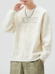 Men's beige marled long-sleeve sweatshirt with "ENJOY" graphic