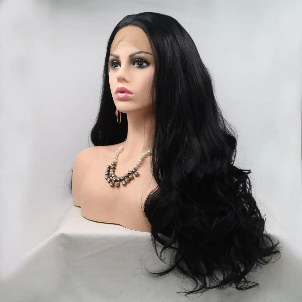 Black lace front wig with long, wavy hair styled on a mannequin.