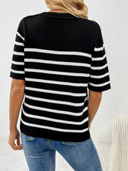 Black and white striped knit top with button shoulder detail