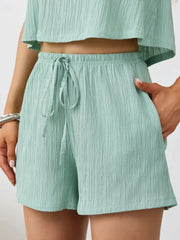 Light green textured cotton tank and shorts set with drawstring waist