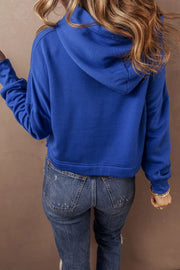 Cobalt cropped hoodie with hood and long sleeves, shown from the back.