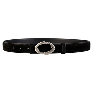 Black cowhide leather belt with wavy silver buckle