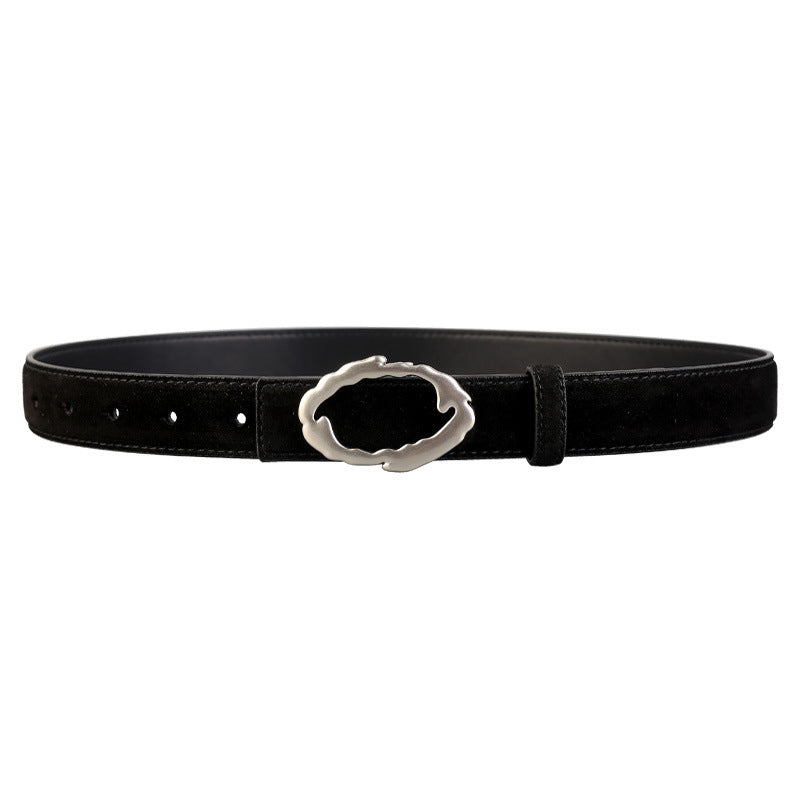 Black cowhide leather belt with wavy silver buckle