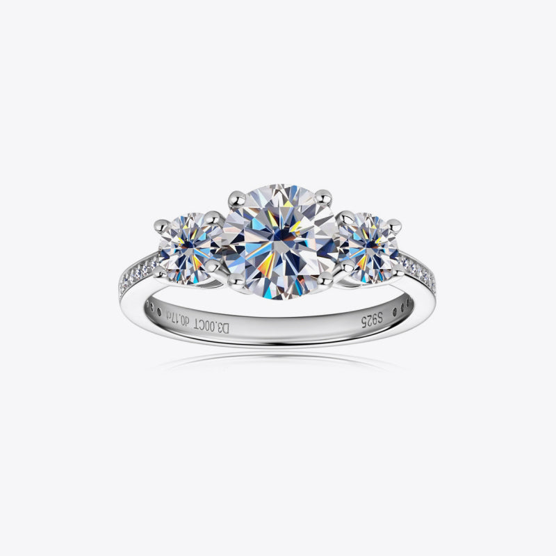 Trio moissanite ring in silver with sparkling accents on band