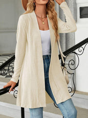 Textured knit longline cardigan in tan with open front and long sleeves.