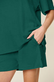 Deep Teal waffle knit boxy tee and shorts set with pockets.