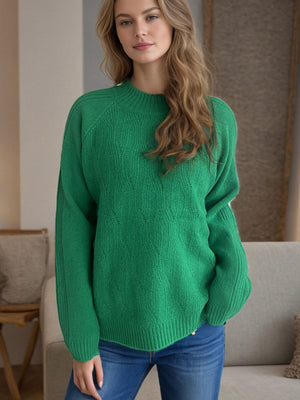 Dark Green textured knit raglan sleeve pullover sweater with a mock neck.