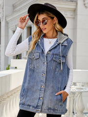 Medium wash denim hooded vest with contrast lining and button front.
