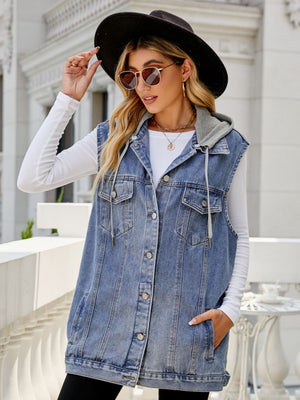 Medium wash denim hooded vest with contrast lining and button front.