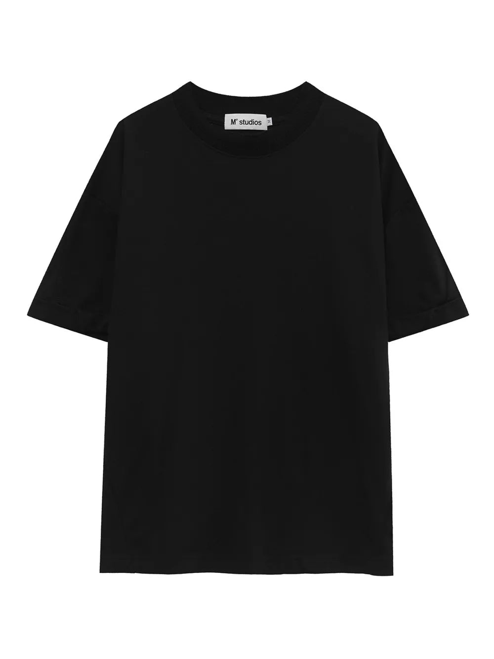 Black cotton t-shirt with round neck and short sleeves.