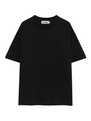 Black cotton t-shirt with round neck and short sleeves.